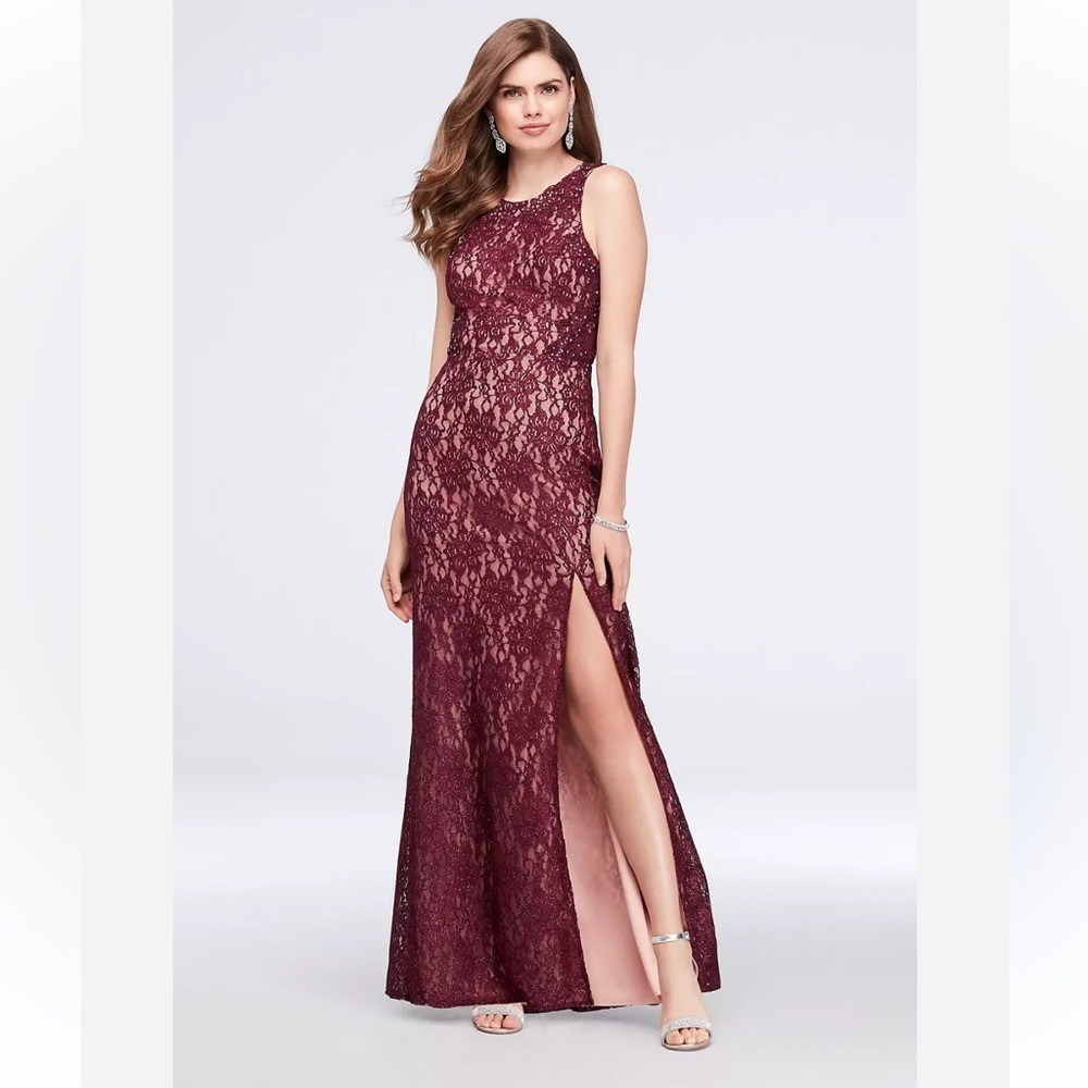 City Triangles by David's Bridal Burgundy Lace Dress with Keyhole Back-9
